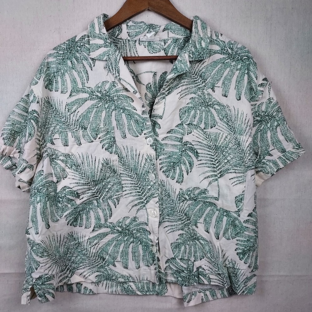 ANA A New Approach Womens XL Button Up Shirt Green Palm Leaf Tropical